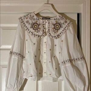Zara White Embroidered Long Sleeve Blouse